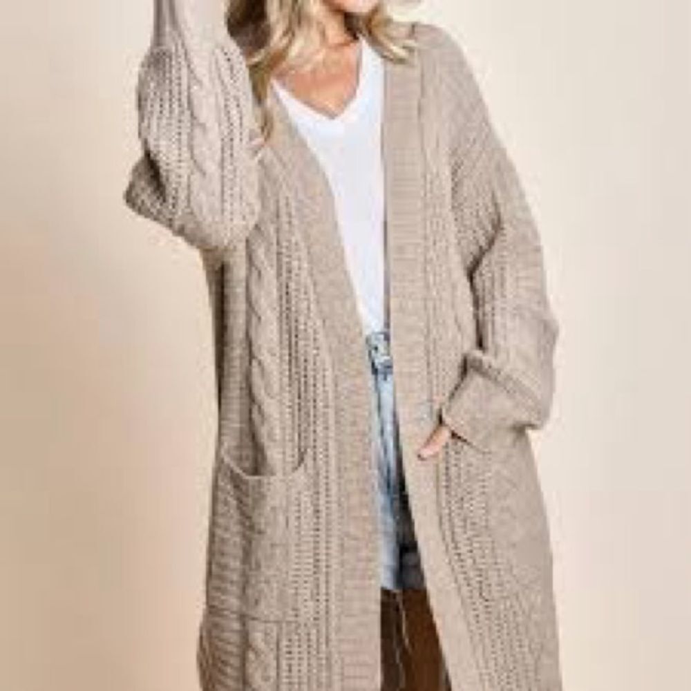 J. JILL MP Wool Blend Cardigan Women Medium Brown Cable Knit Open Front Office